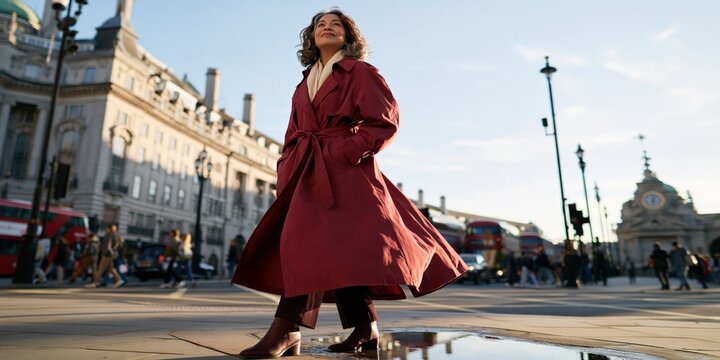 Woman in red trench coat walking across a historic city square with dynamic movement for fashion poster and urban background