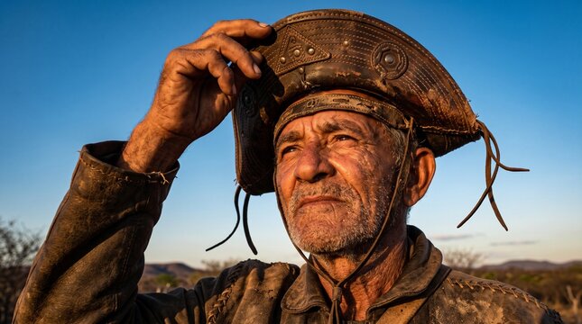 Elderly Brazilian vaqueiro in leather clothes adjusting hat in sertao