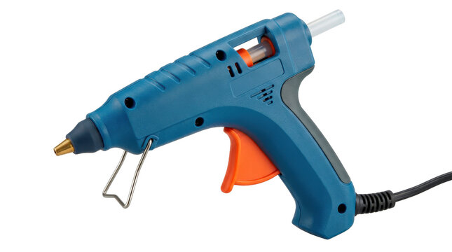 Hot glue gun, compact electric hot glue gun with a lightweight pistol-shaped body, narrow heated metal dispensing nozzle, ergonomic trigger handle and fold-down support stand, photorealistic workshop