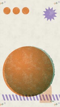 Orange halftone circles and purple starbursts repeat across cream paper, with green dot shading, small registration marks and striped bands along the lower edge