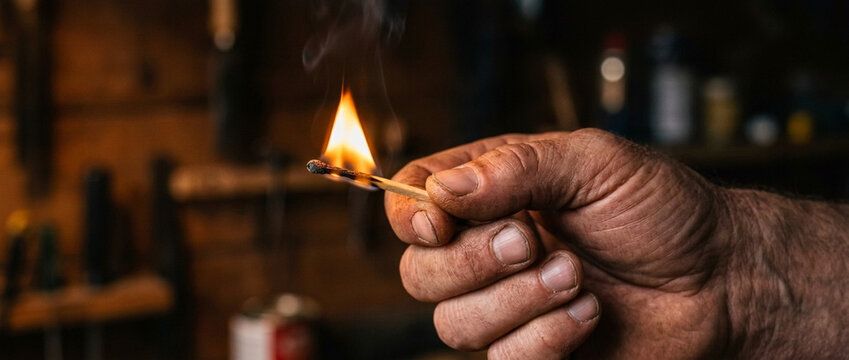 Hand holding burning matchstick with orange flame and smoke workshop background