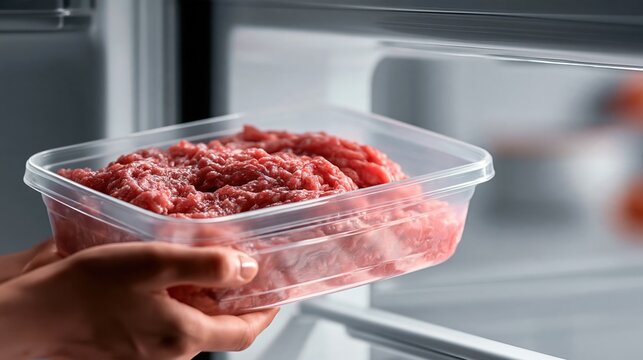 Person placing a transparent plastic container filled with fresh ground meat inside a refrigerator showcasing safe food storage practices at home