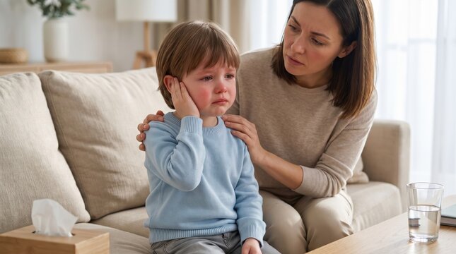 Worried mother comforting her crying child holding his painful ear at home. Compassionate parent supporting a sick little boy experiencing earache, pain, or health issues.