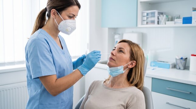 Female nurse taking a nasal swab test from a patient in a clinic. Essential healthcare service for infectious disease screening, clinical diagnostics, and professional medical safety protocols.
