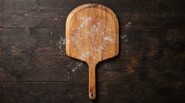 Wooden pizza peel with flour on a dark wooden table. Rustic food preparation surface for baking homemade pizza and bread in artisanal kitchen lifestyle.