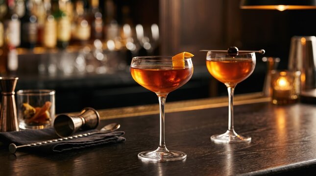 Two craft cocktails on a dark wooden bar in a moody lounge. Sophisticated nightlife beverages for bar menus, hospitality advertising, and upscale social gatherings.