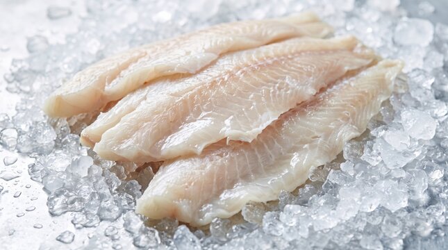 Fresh raw fish fillets on crushed ice. High quality seafood for culinary recipes, restaurant menus, healthy eating, and gourmet cooking.