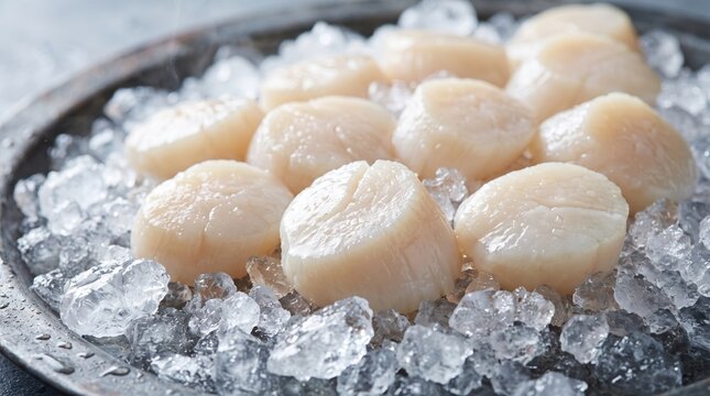 Fresh raw sea scallops arranged on crushed ice in a metal tray. High quality seafood ingredients for gourmet cooking recipes, restaurant menus, and culinary content.