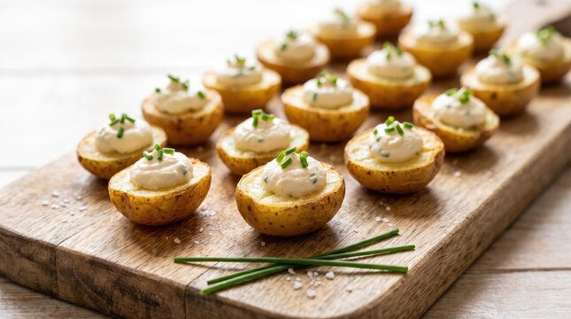 Stuffed small potatoes with cream cheese and fresh chives on a wooden board. Appetizer finger food for catering events, party hosting, and savory culinary inspiration.