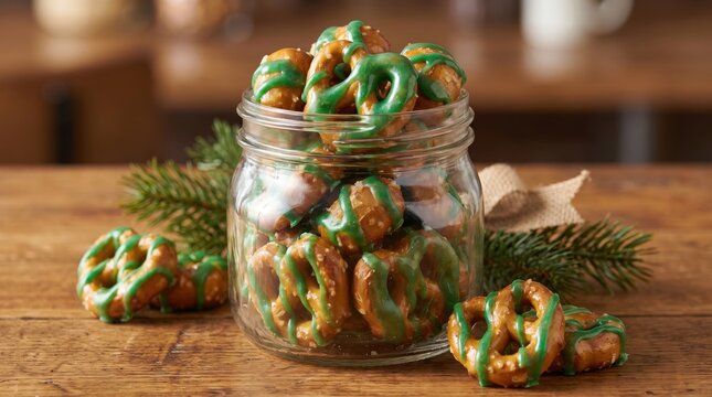 Glass jar filled with mini pretzels drizzled in green frosting. Festive holiday snack idea for winter parties, homemade gifting, and cozy seasonal celebrations.