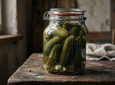 Glass jar of homemade pickled cucumbers with dill and garlic on a wooden table. Rustic artisanal fermentation and preservation for organic kitchen food, healthy eating, and traditional recipes.