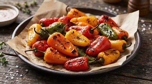 Grilled mini sweet peppers on a rustic plate with seasonings. Healthy plant-based meal prep and organic vegetarian cuisine for clean eating and gourmet culinary inspiration.