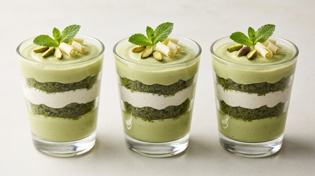 Three layered green dessert cups with pistachio and mint topping. Gourmet sweet treats for luxury catering, restaurant menus, and culinary lifestyle photography.
