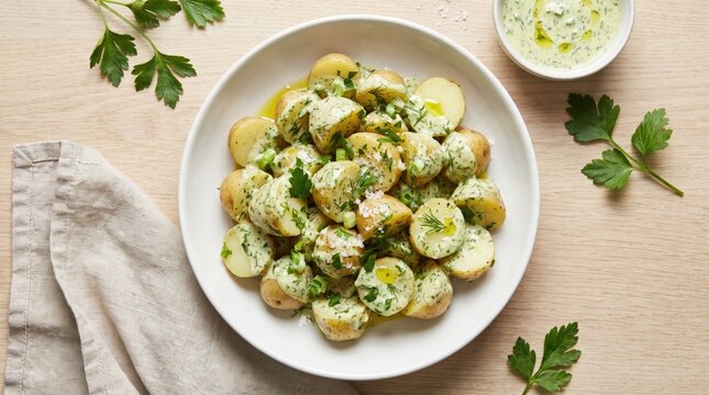 Fresh potato salad with creamy herb dressing in a bowl on a wooden table. Delicious homemade side dish for healthy eating, casual dining, and summer entertaining.