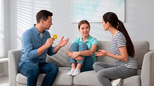 Parents discuss sexual health and contraception with their concerned teenage daughter at home