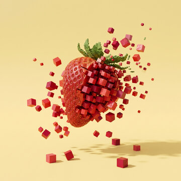 Exploding strawberry disintegrates into red cubes, symbolizing digital transformation and innovative food technology concept