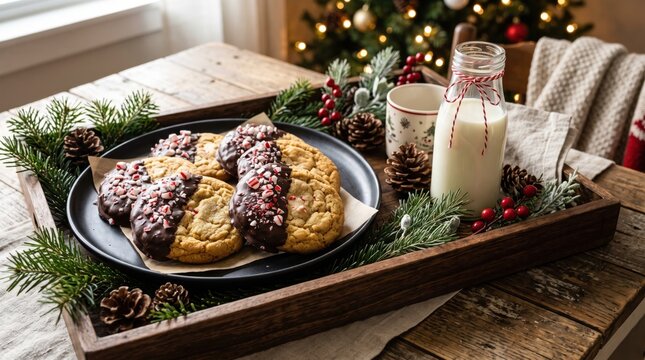 Christmas cookies with chocolate and peppermint on a wooden serving tray. Cozy holiday baking setup for festive winter food photography, seasonal treats, and joyful celebrations.