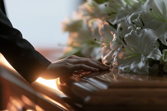 Mourning person dressed in black gently touching wooden coffin adorned with white lilies in a softly lit funeral setting