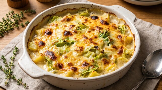 Baked casserole with melted cheese and vegetables in a white ceramic dish. Delicious comfort food for cozy home dining, culinary blogs, and hearty meal inspiration.