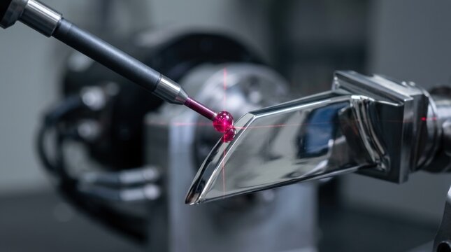 A ruby-tipped coordinate measuring machine stylus inspects the polished mirror bevel of an aircraft jet engine compressor blade with calibration laser beams.