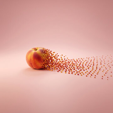 Peach dissolving into digital cubes on pastel background, symbolizing data fragmentation and healthy eating transformation