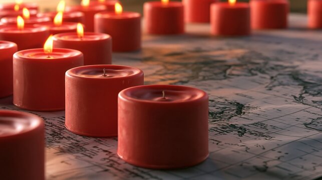 Red candles arranged on an old vintage map creating a warm, ambient atmosphere with a combination of glowing flames and geographic details