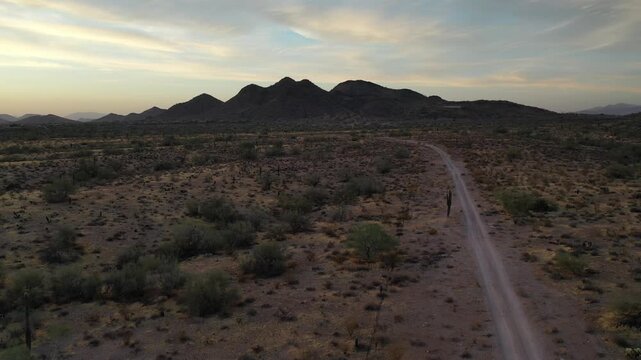 Aerial view of desert landscape with mountains at sunset