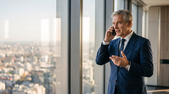 Mature businessman on phone call in modern office with city view, representing corporate strategy and executive decision making