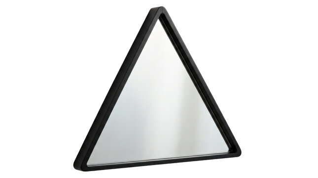 Triangle mirror, minimalist triangular wall mirror with an equilateral three-sided reflective glass surface, sharply defined straight edges, subtly rounded protective corners and a slim solid black
