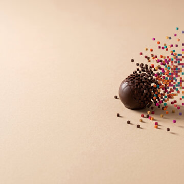 Chocolate sphere dissolving into colorful pixel fragments, abstract concept of digital transformation and data fragmentation