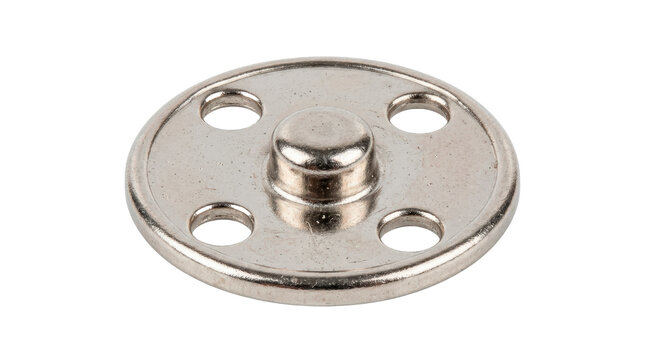 Snap fastener, single round metal sewing snap fastener with a compact polished silver circular body, raised central snap connection and neatly formed outer sewing holes, photorealistic sewing