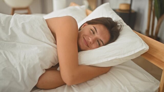 Woman hugging pillow with bare shoulder visible, smiling while lying on bed in bedroom with wooden frame and white linens visible; cozy morning contentment.