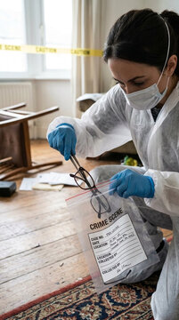 Forensic Investigator Collecting Evidence at Crime Scene Wearing Protective Suit and Gloves