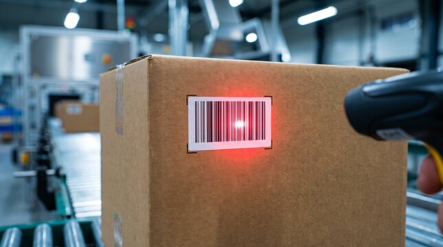 Handheld scanner scanning barcode on a box in a distribution center