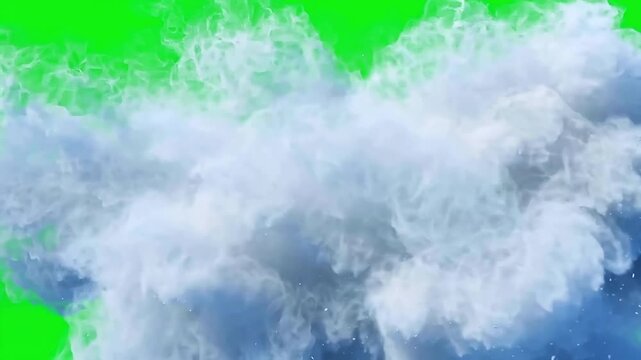 Massive white explosion cloud with debris spreading outward against vibrant green screen background for digital effects