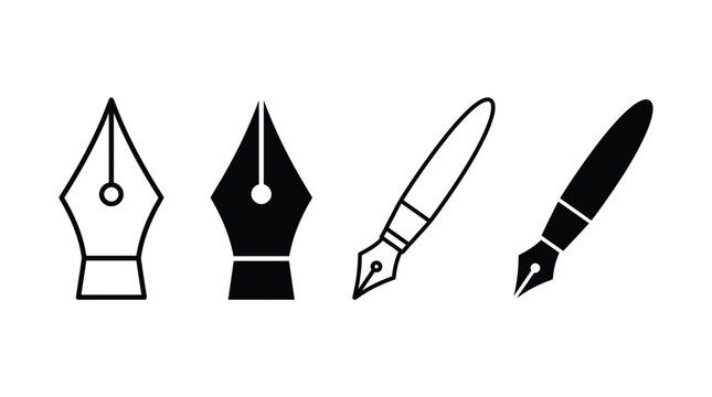 Fountain pen nib icons set featuring minimalist black vector line art style designs