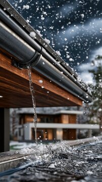 Melting snow dripping from roof gutter into pool during an overcast winter day capturing dynamic water motion and cold weather atmosphere