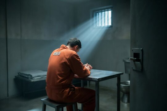 Inmate sitting alone in a prison cell beneath a shaft of light