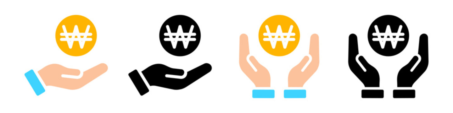 South Korean won icons held by open hand, symbolizing Korean currency, financial transactions, digital payments, money transfer and investment.