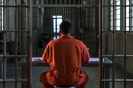 Inmate in orange jumpsuit sitting behind prison bars at a jail table