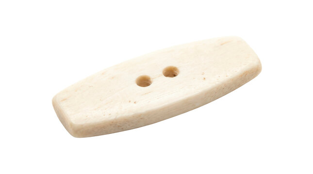 Bone bar button, traditional elongated bone fastening button with a flat gently tapered rectangular body, softly rounded corners, two small central thread holes and a matte natural ivory-colored