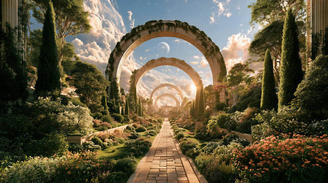 Enchanted circular stone archway along a garden path lined with cypress trees and flowers for travel editorial design.