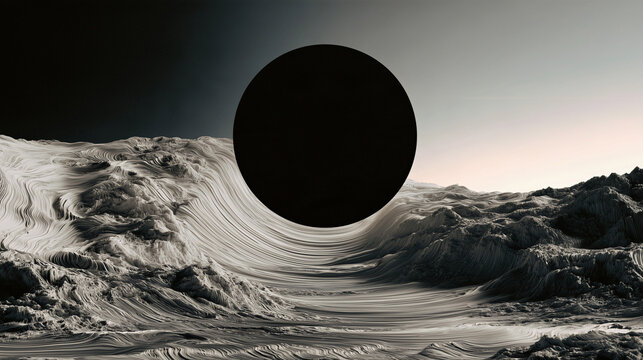 Surreal black sun hovering above rugged rocky terrain under a pale sky for conceptual landscape and poster design.
