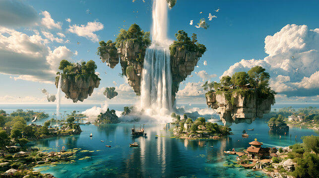 Floating green islands with waterfalls rising from a calm lake under a bright sky for surreal landscape poster design.