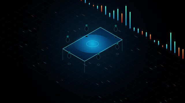 Isometric glowing blue trading table visualization with financial stock market candlestick charts in background