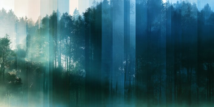 Misty blue forest with tall trees fading into fog for atmospheric landscape wallpaper and editorial design.