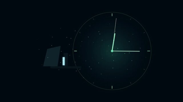 Minimalist digital clock face with glowing hands and glowing geometric objects on a dark background