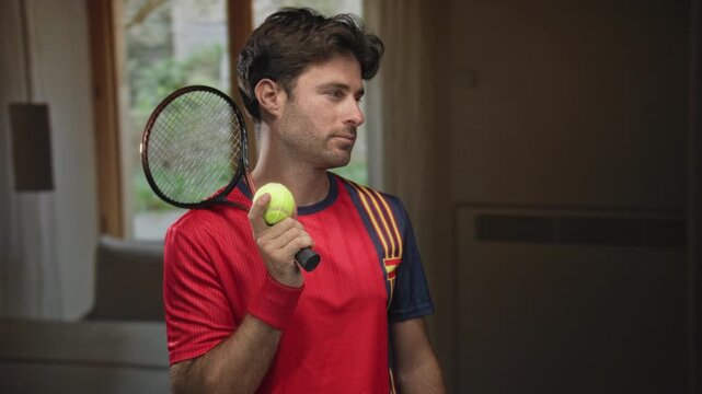 Man holding a tennis racket and yellow tennis ball in a studio indoors, wearing a red sports shirt and wristband while gazing to the side; confidence.