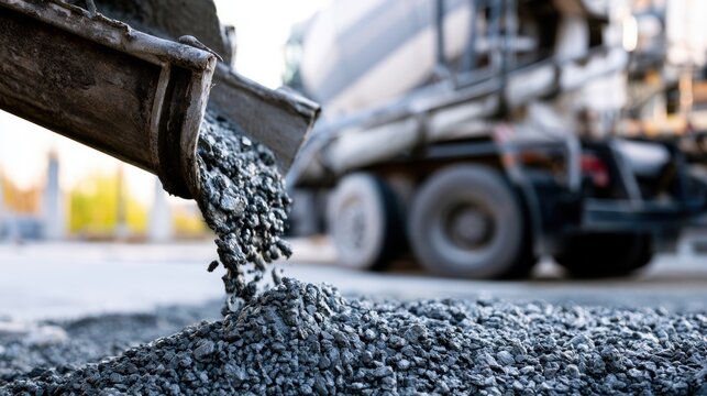 Cement pouring from chute of mixer truck onto ground for construction site concrete foundation preparation during building project