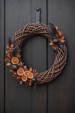 Rustic Halloween wreath combining woven branches, dark gourds and muted autumn colors for farmhouse interiors and festive product displays.